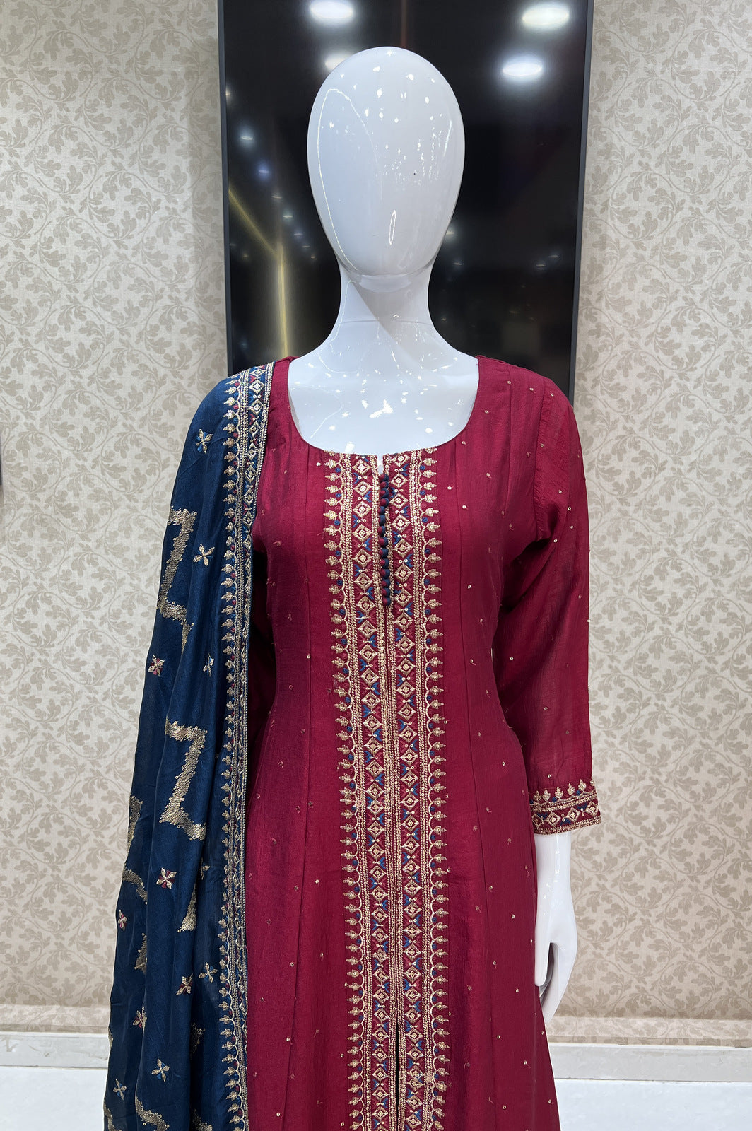 Maroon Sequins and Zari Thread work Straight Cut Salwar Suit