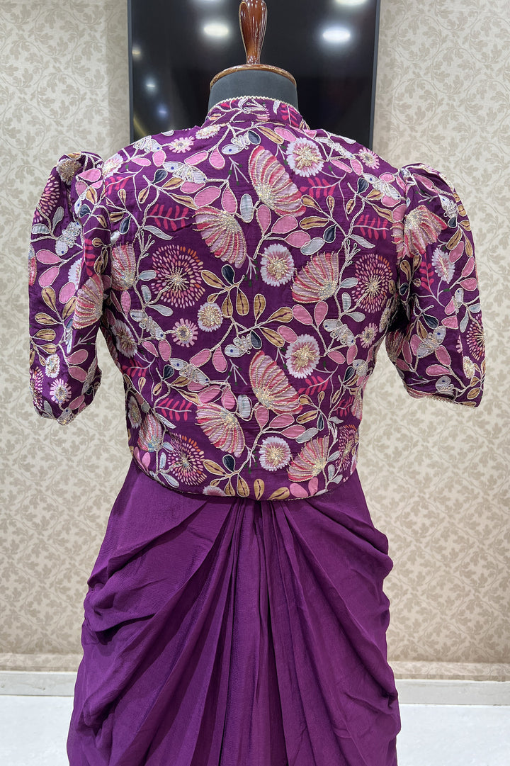 Wine Digital Print, Zari and Sequins work Jacket Styled Floor Length Anarkali Suit