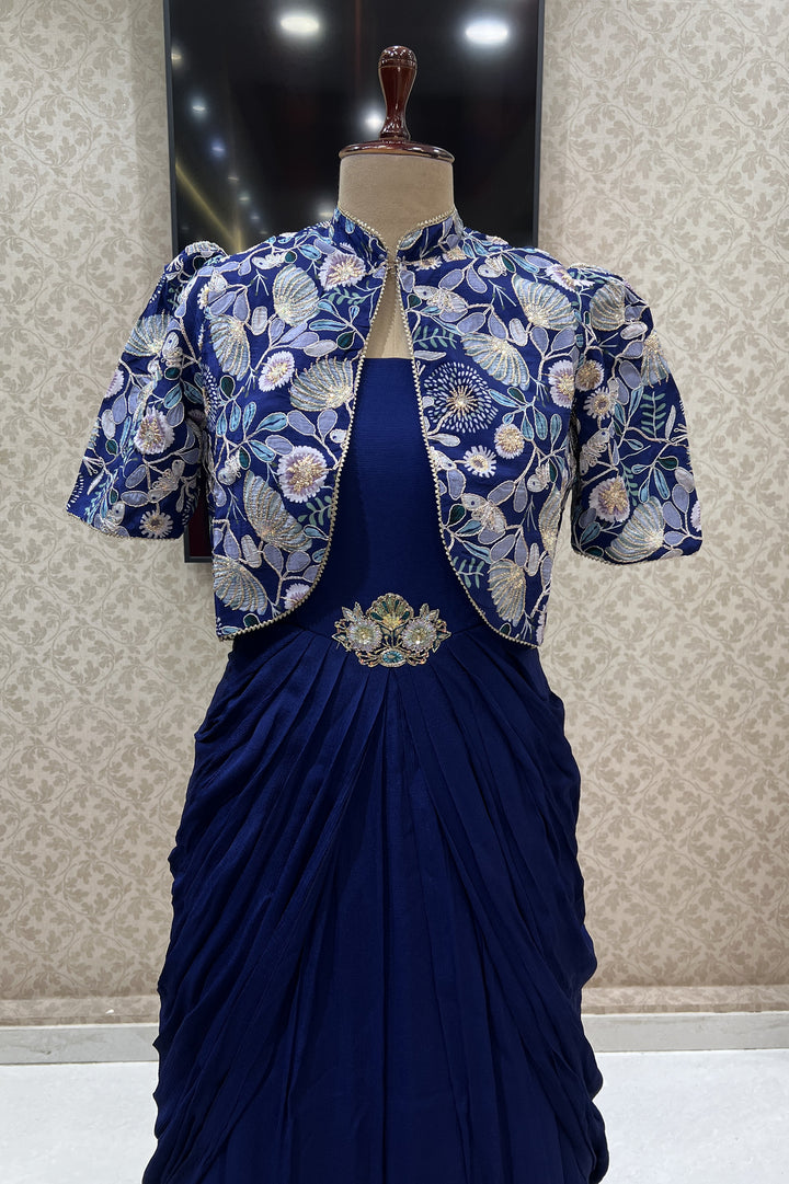 Royal Blue Digital Print, Zari and Sequins work Jacket Styled Floor Length Anarkali Suit
