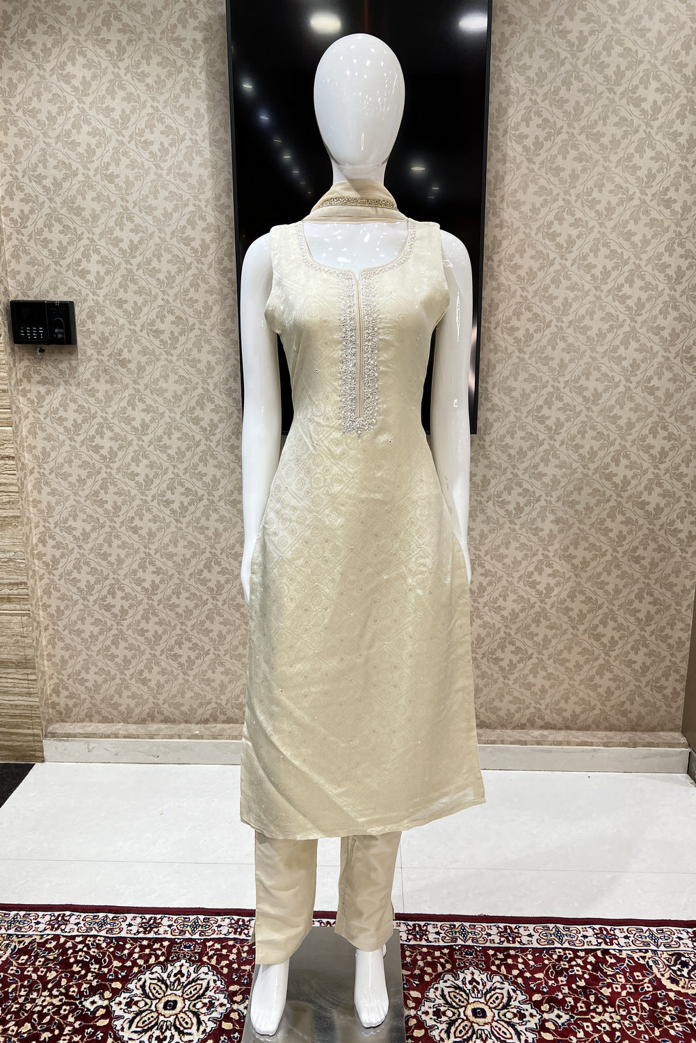 Cream Banaras, Pearl, Stone and Beads work Straight Cut Salwar Suit