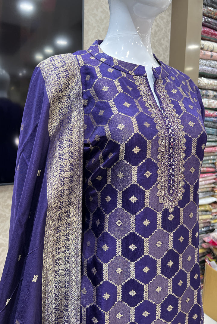 Purple Banaras, Stone, Sequins and Beads work Straight Cut Salwar Suit
