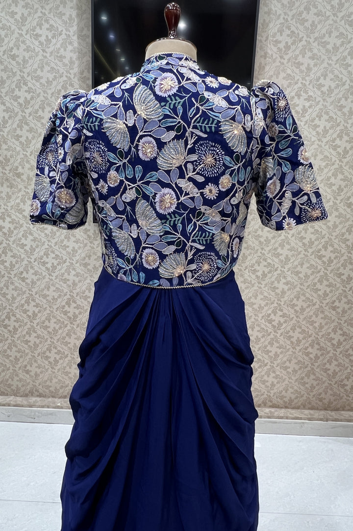 Royal Blue Digital Print, Zari and Sequins work Jacket Styled Floor Length Anarkali Suit