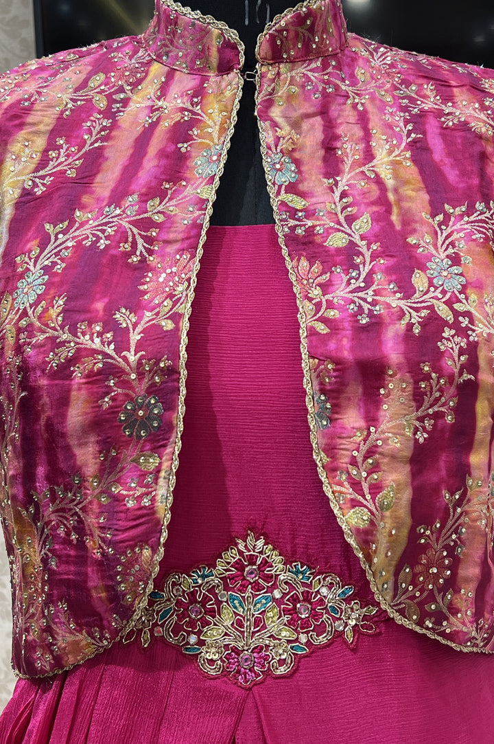 Rani Pink Banaras, Stone and Sequins work Jacket Styled Floor Length Anarkali Suit