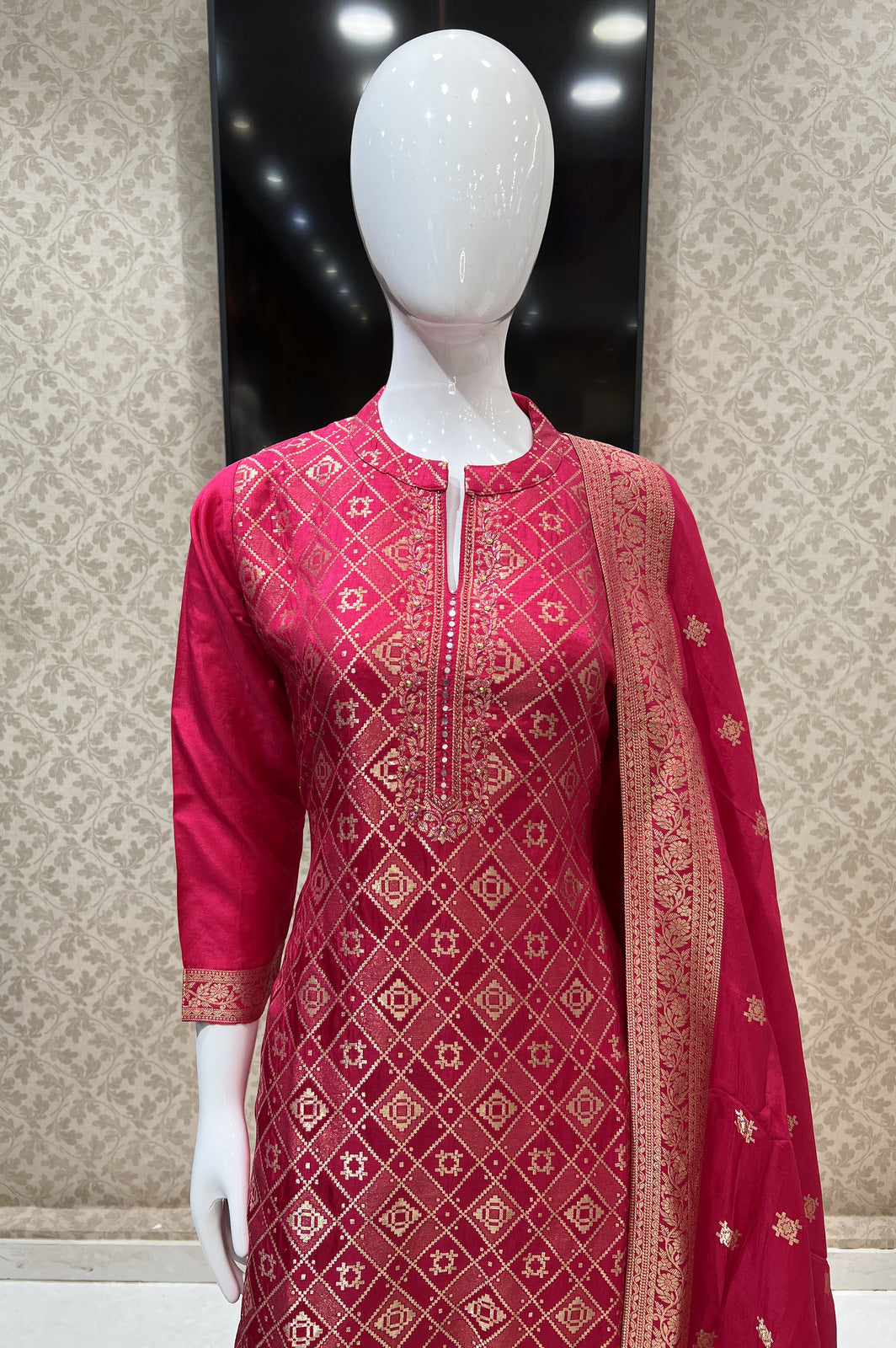 Rani Pink Banaras, Stone, Mirror and Beads work Straight Cut Salwar Suit