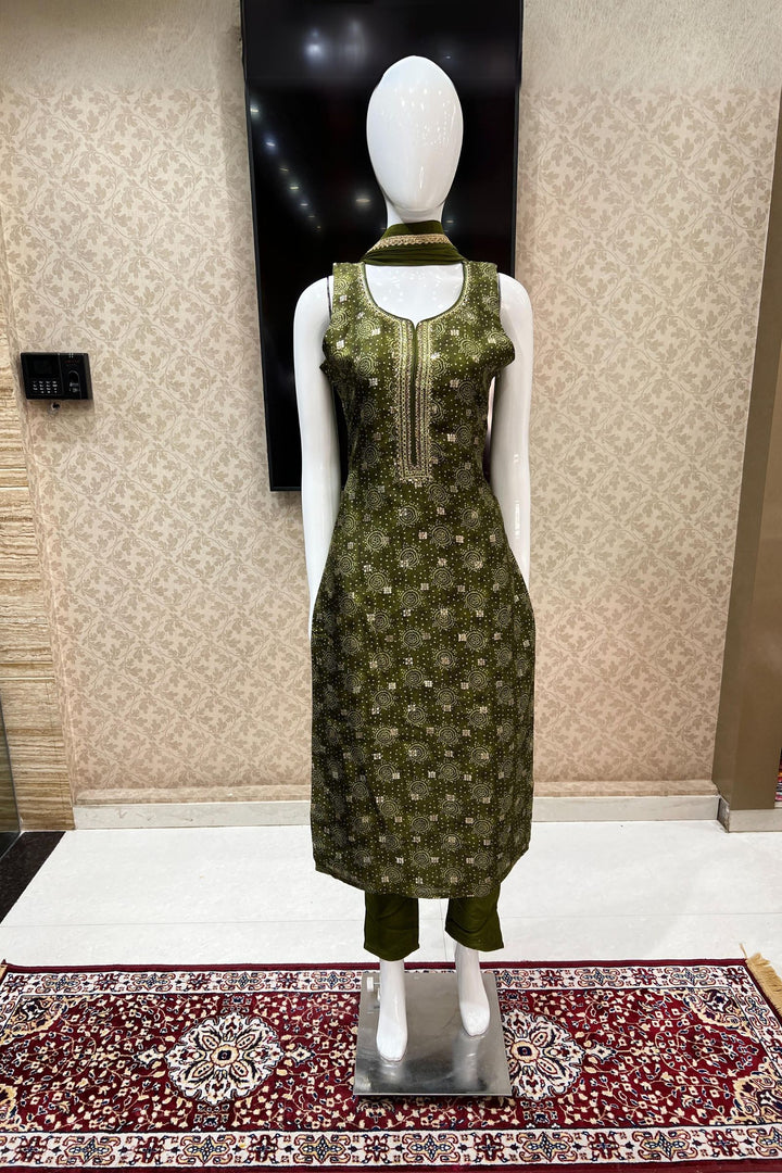 Leaf Green Banaras Butta and Thread work with Bandini Print Straight Cut Salwar Suit