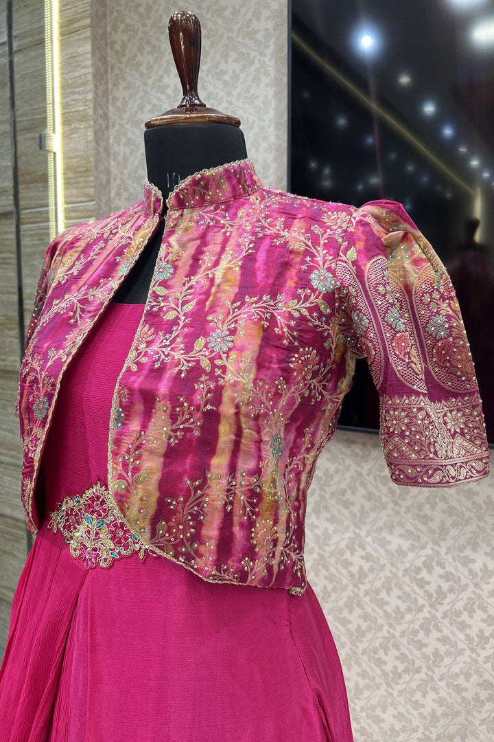 Rani Pink Banaras, Stone and Sequins work Jacket Styled Floor Length Anarkali Suit