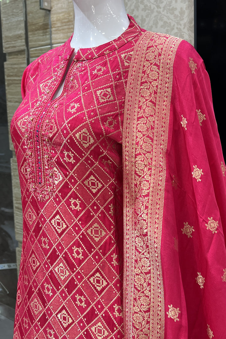 Rani Pink Banaras, Stone, Mirror and Beads work Straight Cut Salwar Suit