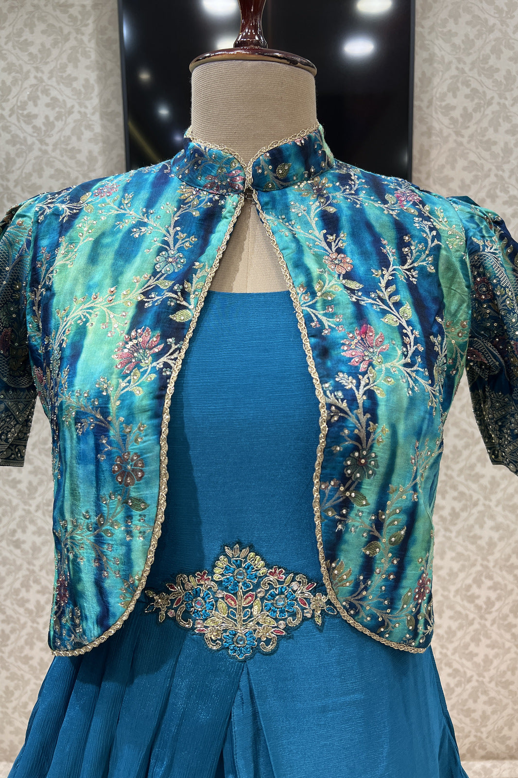 Rama Green Banaras, Stone and Sequins work Jacket Styled Floor Length Anarkali Suit
