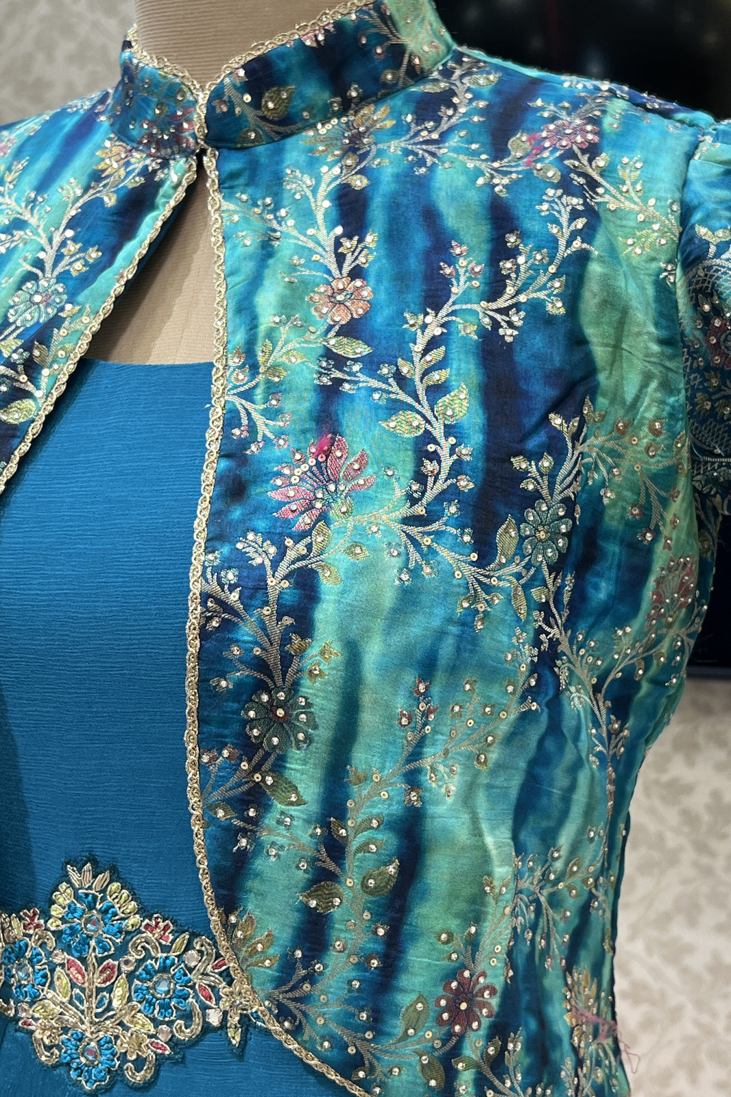 Rama Green Banaras, Stone and Sequins work Jacket Styled Floor Length Anarkali Suit