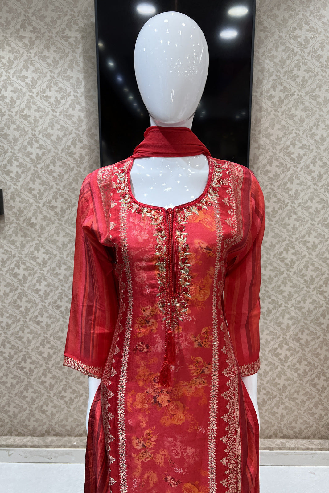 Red Sequins, Zardozi, Thread, Banaras work with Digital Print Straight Cut Salwar Suit