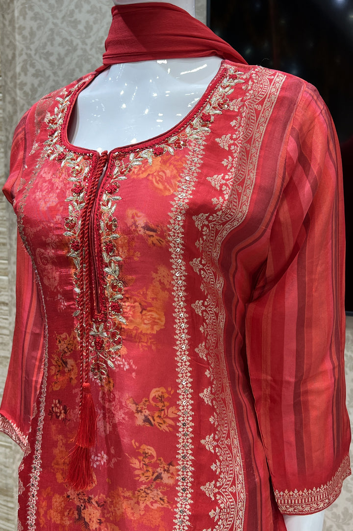 Red Sequins, Zardozi, Thread, Banaras work with Digital Print Straight Cut Salwar Suit