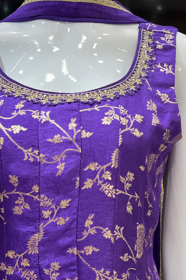 Purple Banaras, Stone, Sequins and Beads work Palazzo Suit Set