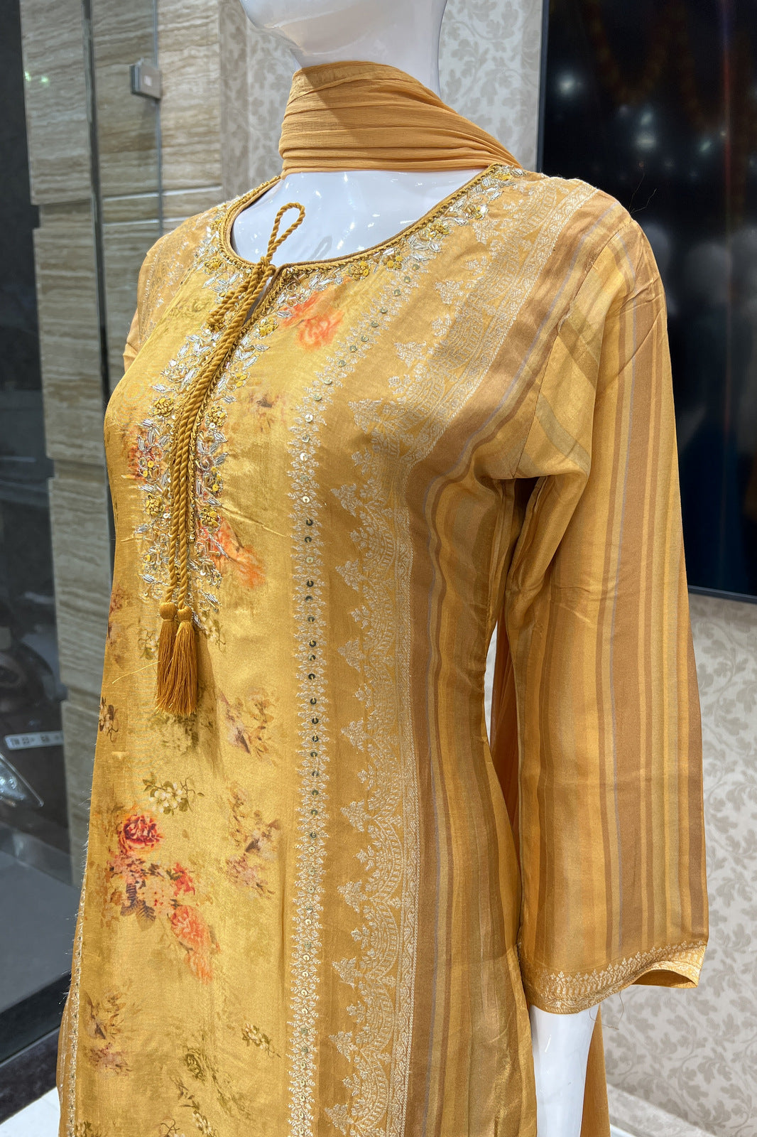 Mustard Sequins, Zardozi, Thread, Banaras work with Digital Print Straight Cut Salwar Suit