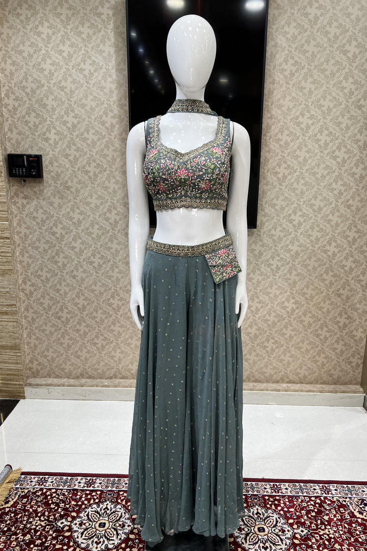 Pastel Green Stone, Beads and Embroidery work Crop Top with Palazzo Pant
