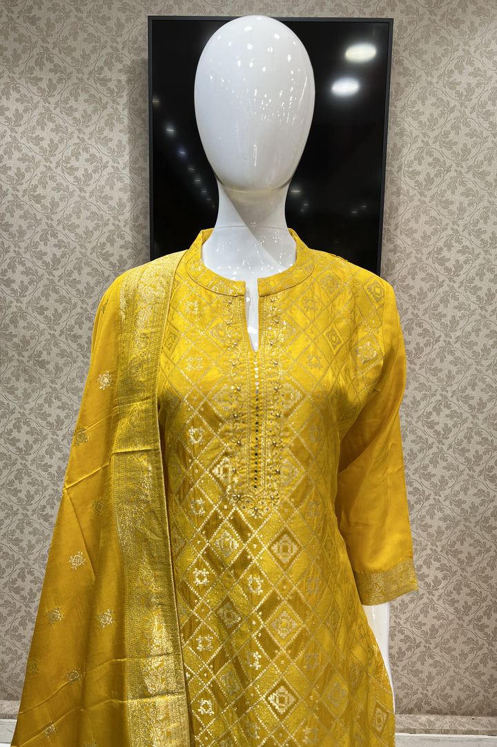 Yellow Banaras, Stone, Mirror and Beads work Straight Cut Salwar Suit