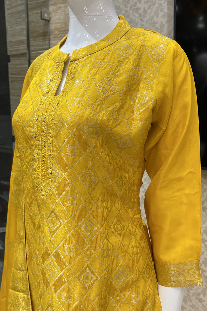 Yellow Banaras, Stone, Mirror and Beads work Straight Cut Salwar Suit