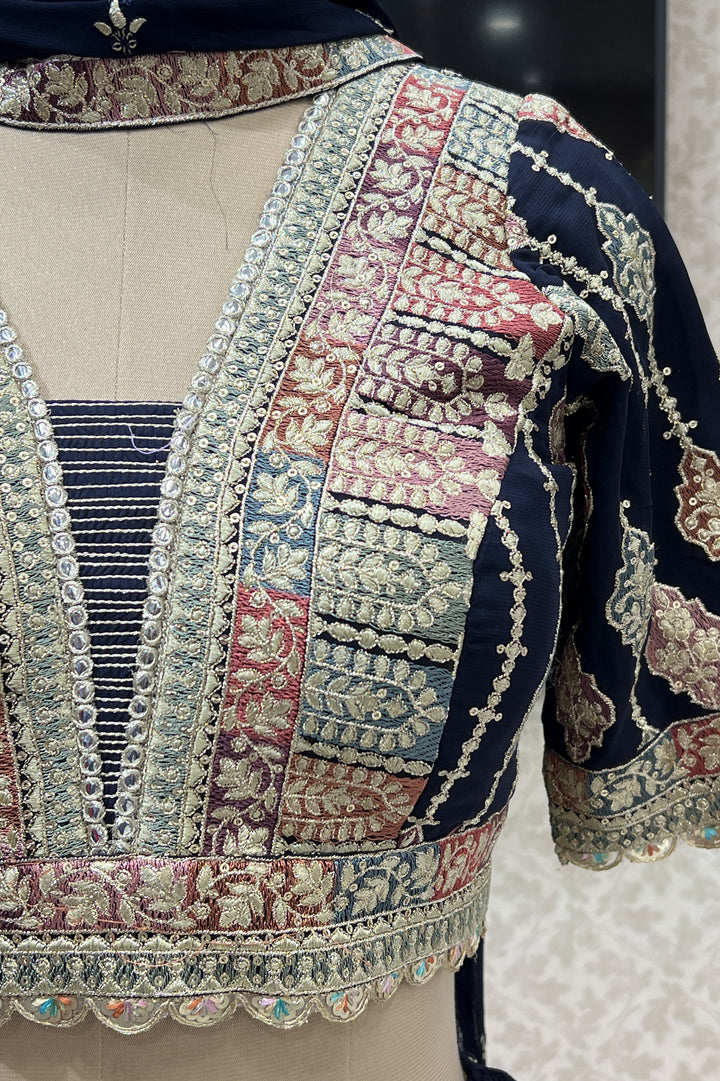 Navy Blue Sequins, Zari and Multicolor Thread work Crop Top Lehenga