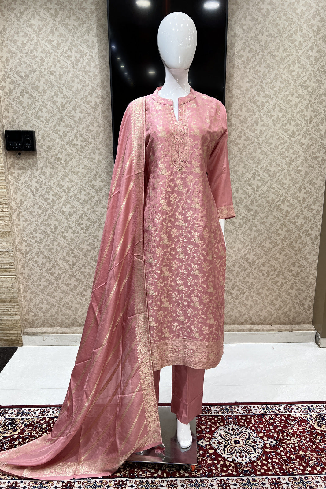 Peach Banaras, Beads and Sequins work Straight Cut Salwar Suit