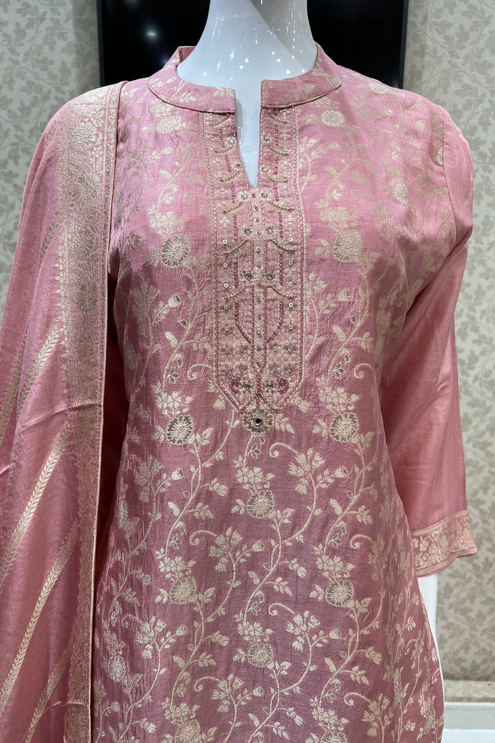 Peach Banaras, Beads and Sequins work Straight Cut Salwar Suit