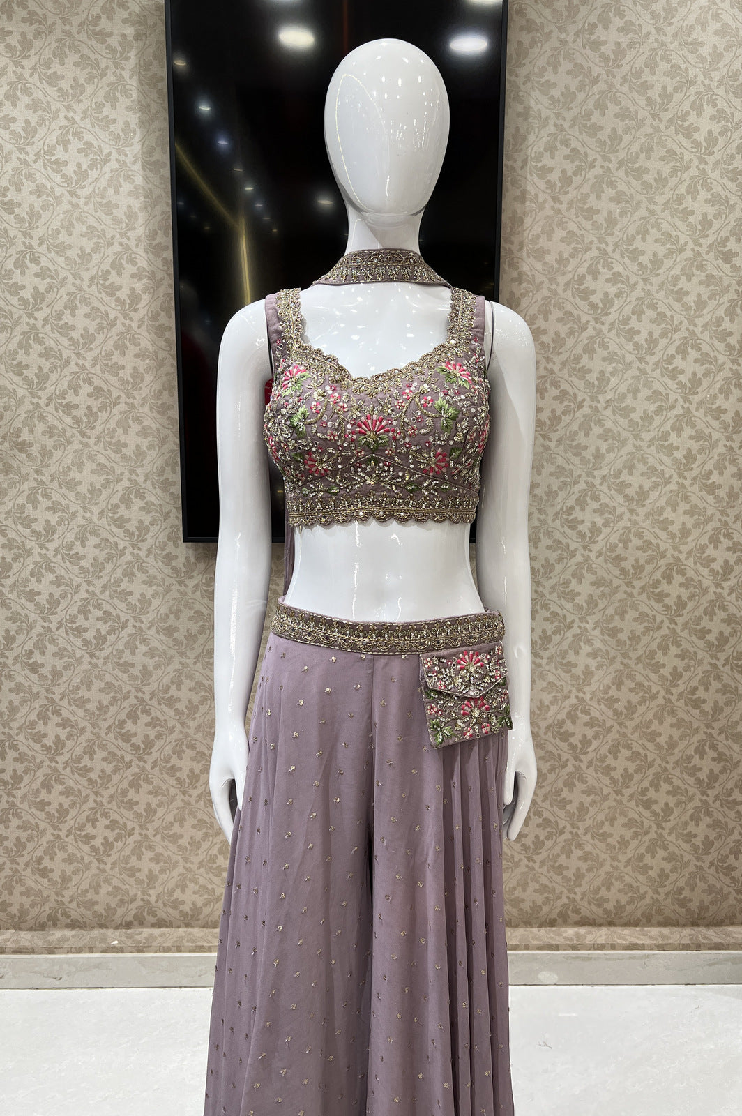 Lilac Stone, Beads and Embroidery work Crop Top with Palazzo Pant