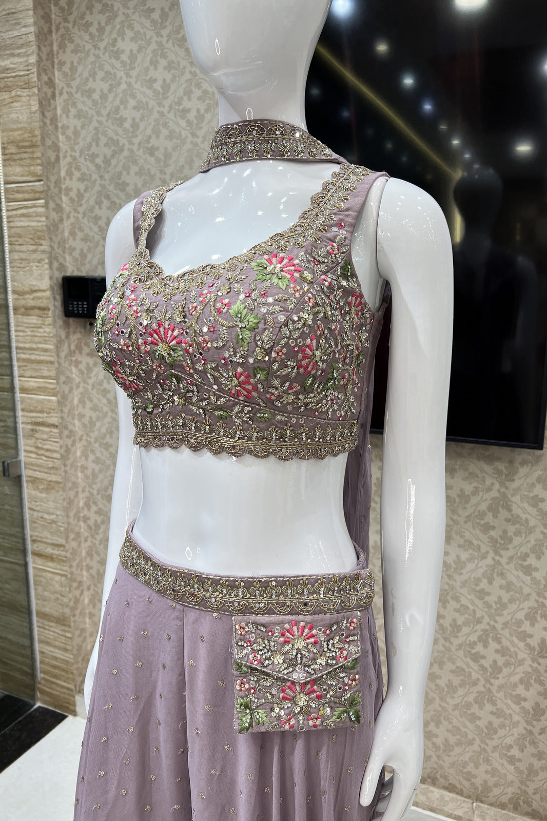 Lilac Stone, Beads and Embroidery work Crop Top with Palazzo Pant