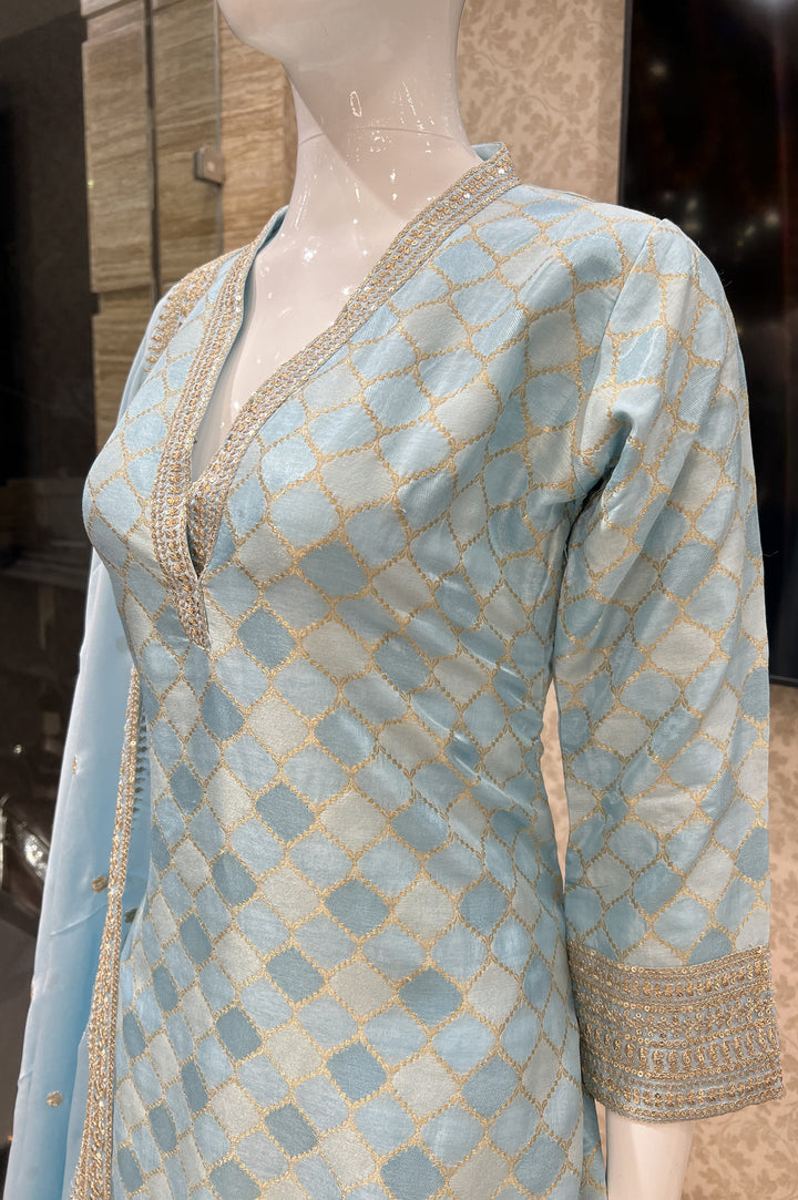 Blue Zari, Sequins and Banaras work Straight Cut Salwar Suit