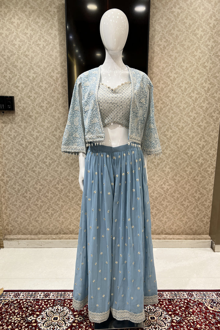 Sky Blue Chickankari and Sequins work Crop Top with Overcoat Styled Palazzo Suit Set