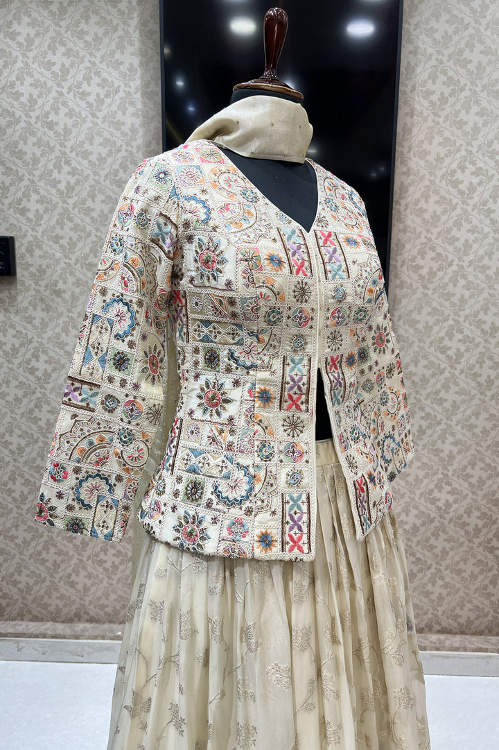 Cream Multicolor Thread and Sequins work Peplum Style Lehenga