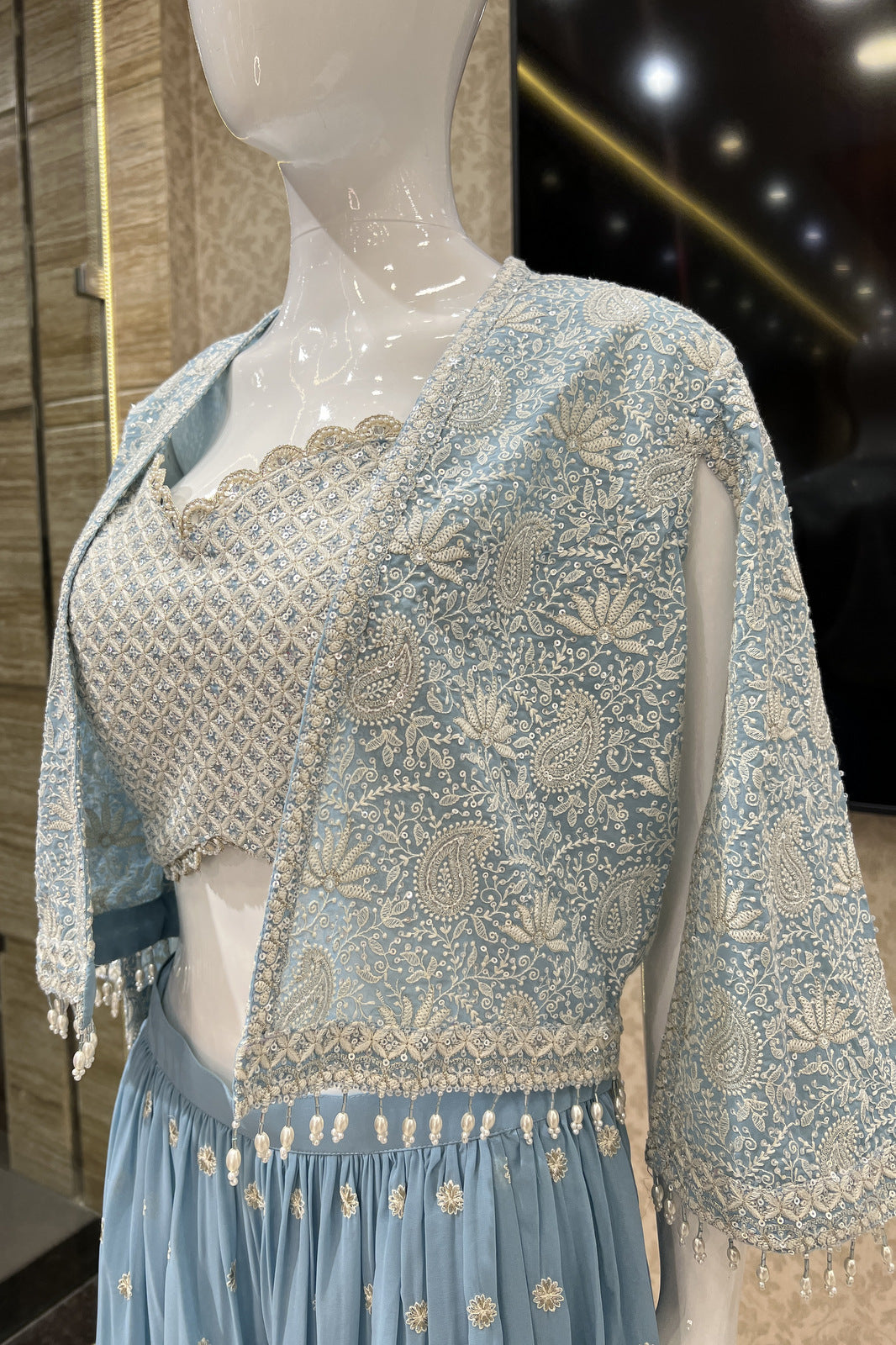 Sky Blue Chickankari and Sequins work Crop Top with Overcoat Styled Palazzo Suit Set