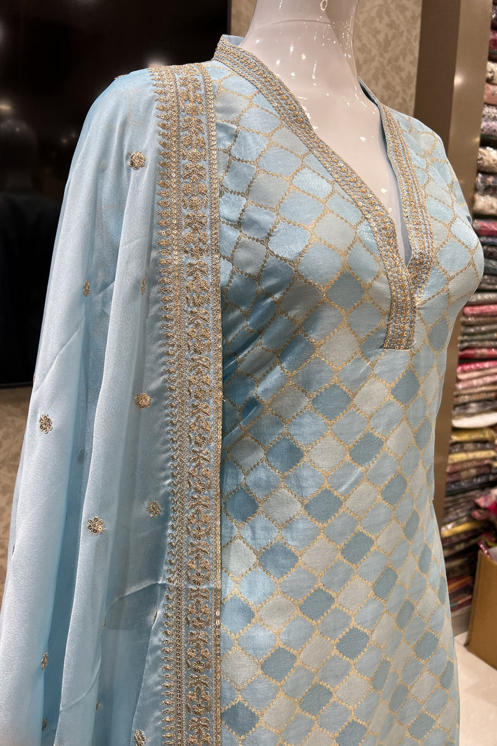 Blue Zari, Sequins and Banaras work Straight Cut Salwar Suit