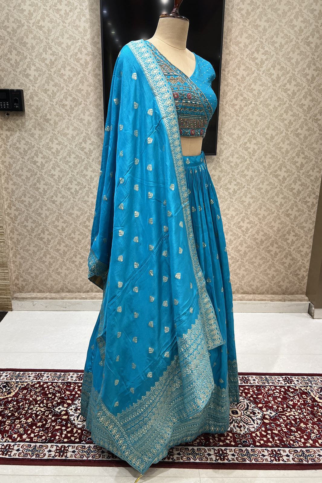 Rama Blue Sequins, Zardozi, Mirror, Beads and Banaras work Crop Top Lehenga