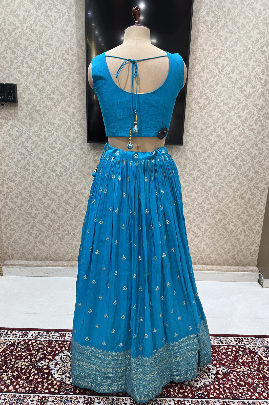 Rama Blue Sequins, Zardozi, Mirror, Beads and Banaras work Crop Top Lehenga
