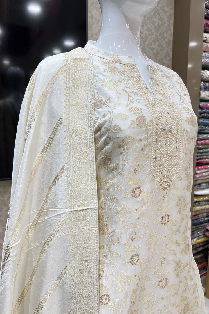 Cream Banaras, Beads and Sequins work Straight Cut Salwar Suit