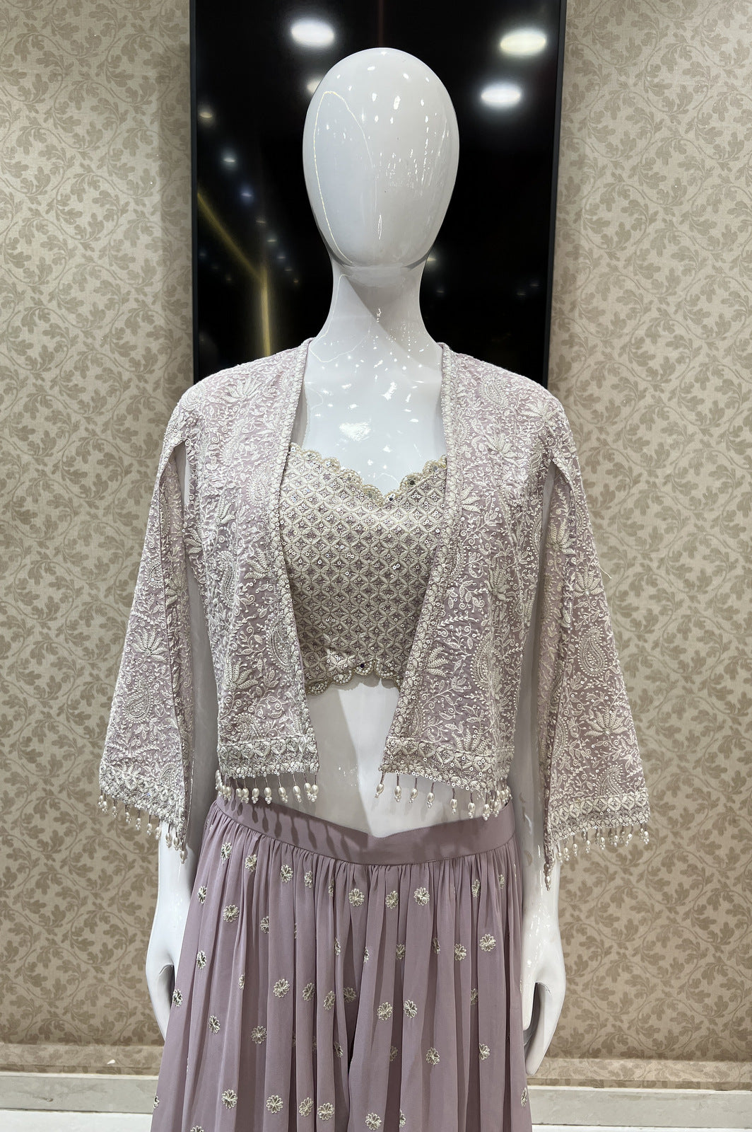 Lilac Chickankari and Sequins work Crop Top with Overcoat Styled Palazzo Suit Set