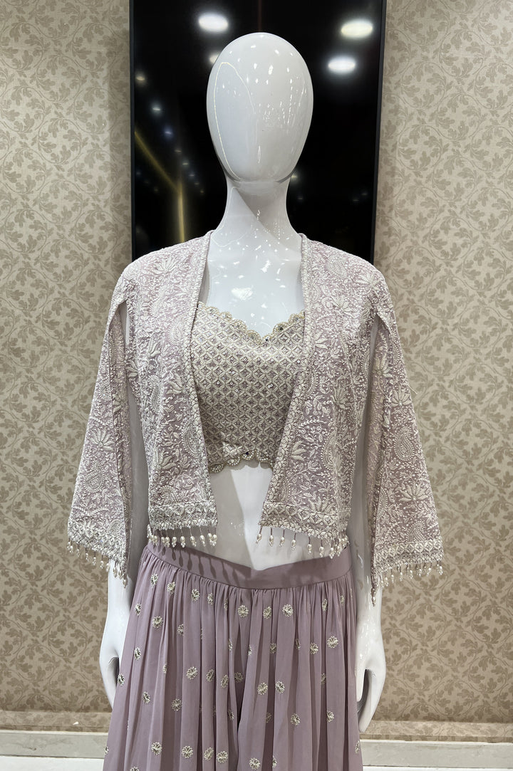 Lilac Chickankari and Sequins work Crop Top with Overcoat Styled Palazzo Suit Set