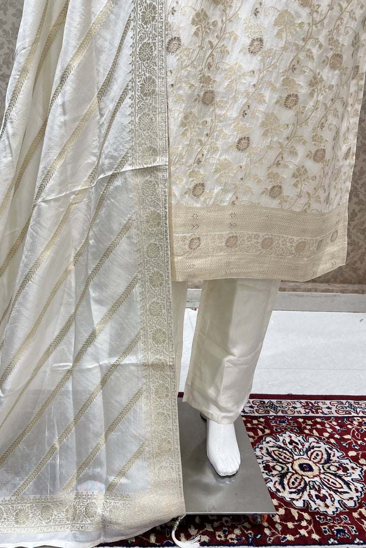 Cream Banaras, Beads and Sequins work Straight Cut Salwar Suit