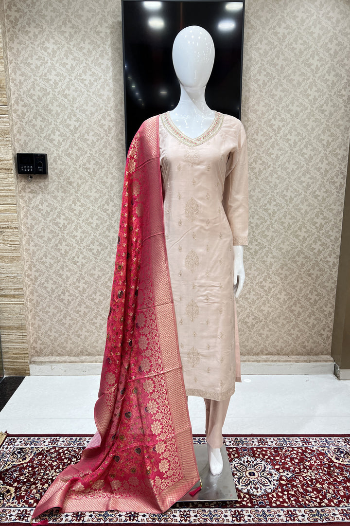 Beige Zari, Zardozi, Sequins, Thread and Mirror work Straight Cut Salwar Suit