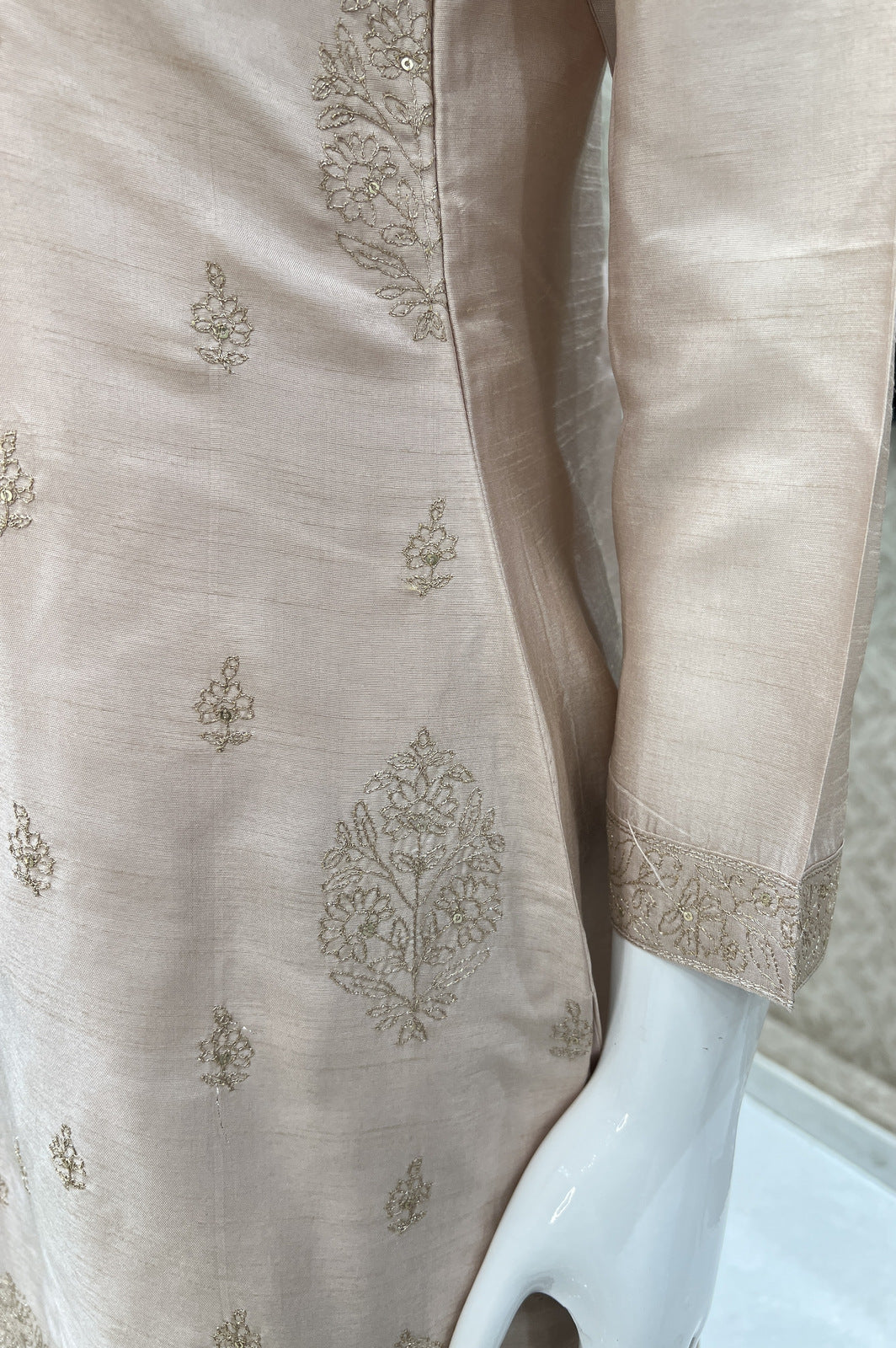 Beige Zari, Zardozi, Sequins, Thread and Mirror work Straight Cut Salwar Suit