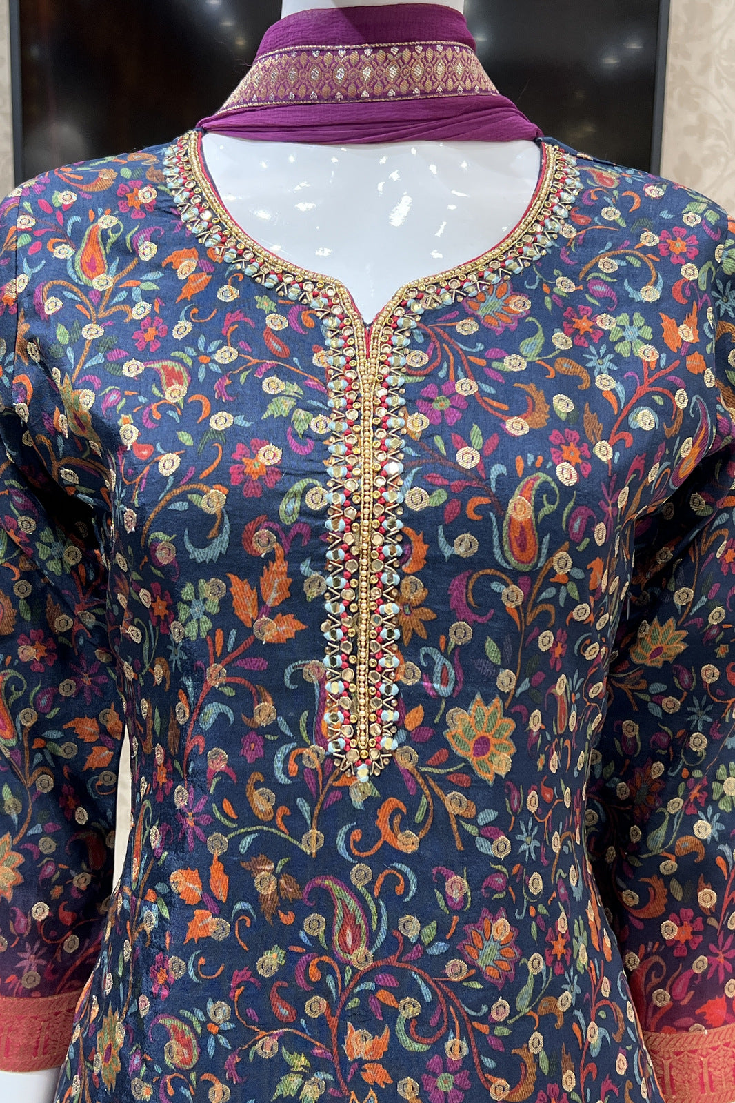 Navy Blue Banaras, Mirror and Thread work with Digital Print Straight Cut Salwar Suit