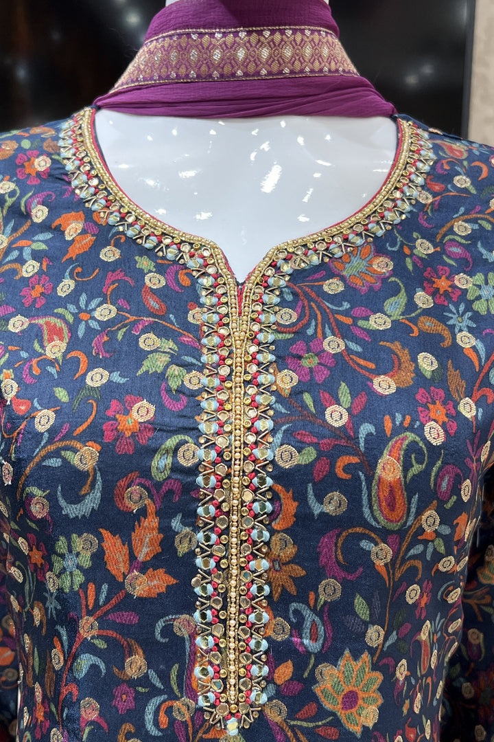 Navy Blue Banaras, Mirror and Thread work with Digital Print Straight Cut Salwar Suit