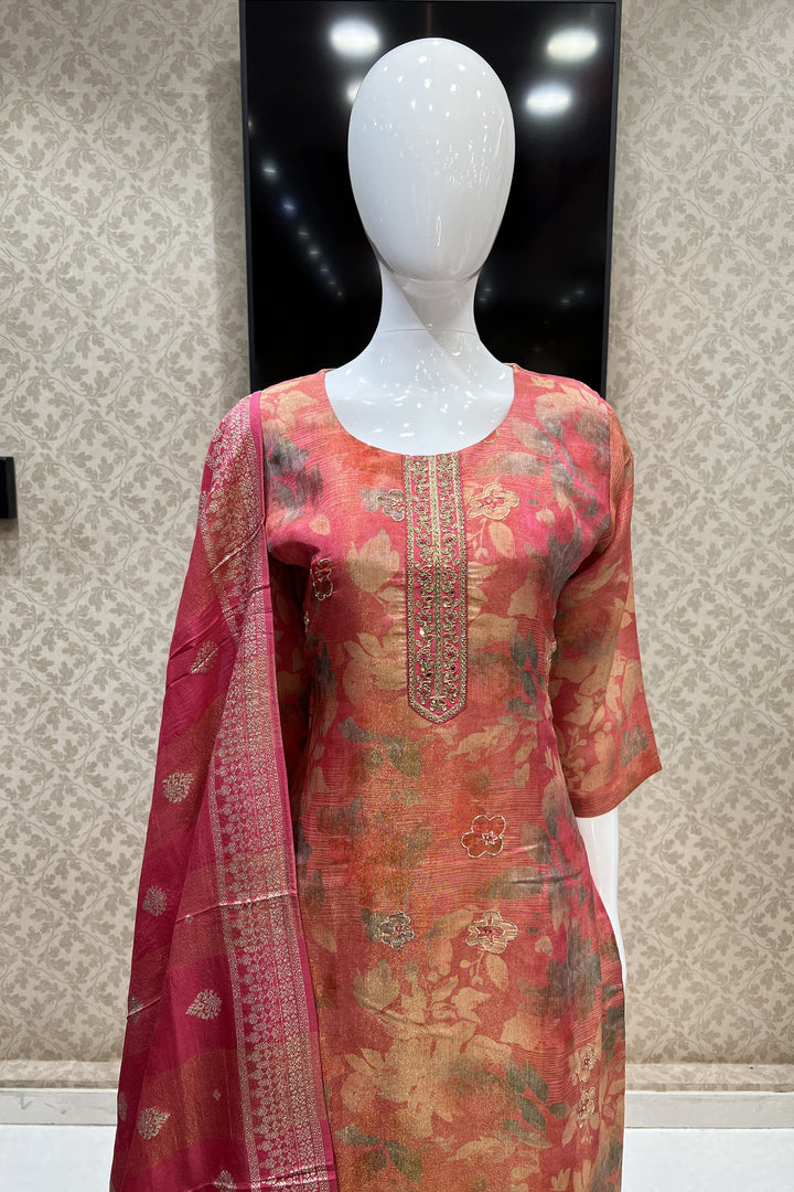 Peach Banaras Weaving and Zardozi work with Digital Print Straight Cut Salwar Suit