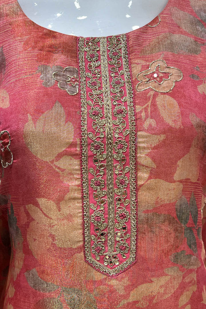 Peach Banaras Weaving and Zardozi work with Digital Print Straight Cut Salwar Suit