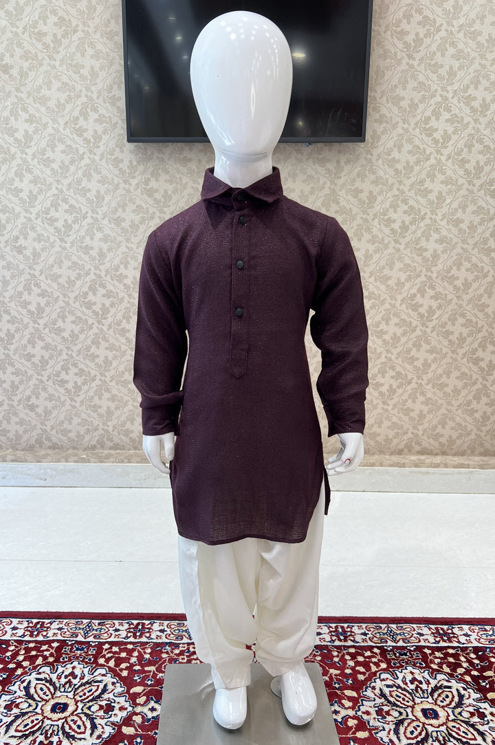 Wine with Cream Zari Weaving Pathani Suit Set for Boys