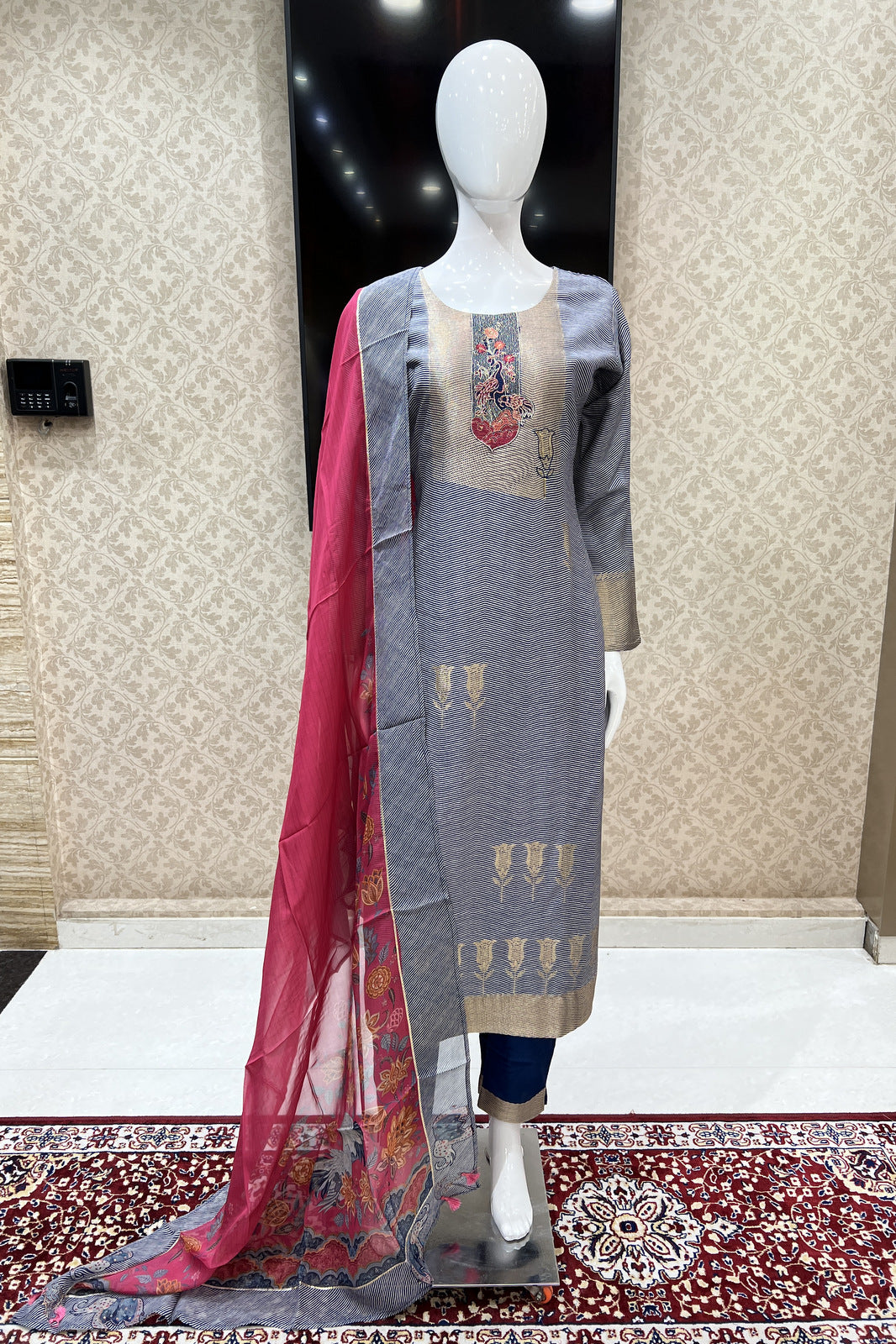 Navy Blue Banaras, Zari and Thread work with Striped Pattern Straight Cut Salwar Suit