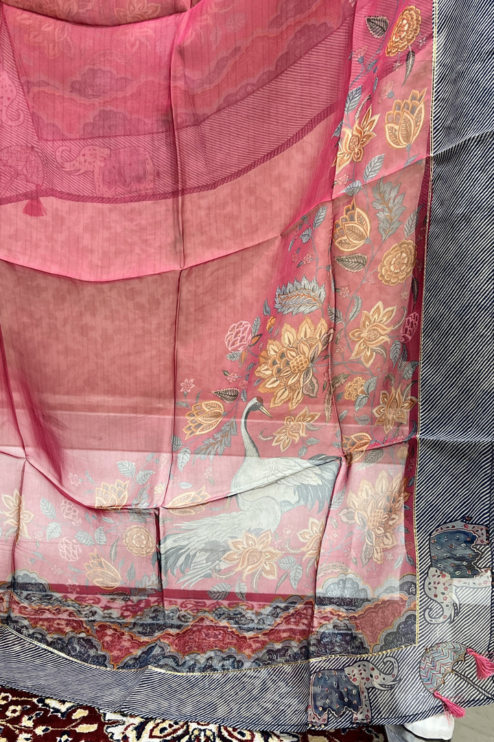 Navy Blue Banaras, Zari and Thread work with Striped Pattern Straight Cut Salwar Suit