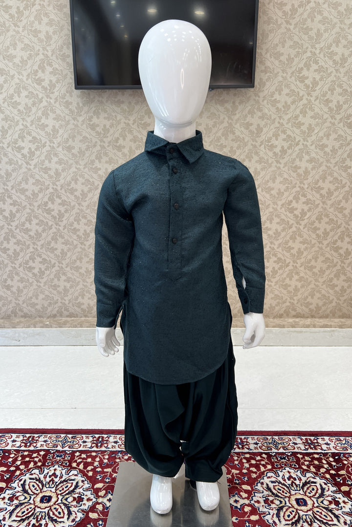 Green Zari Weaving Pathani Suit Set for Boys