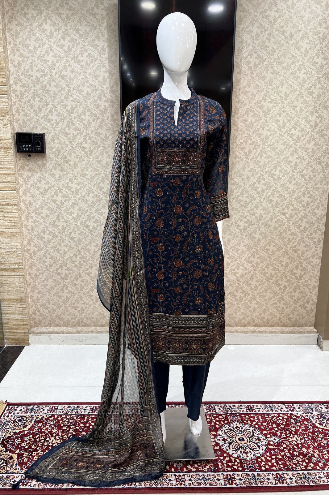 Navy Blue Beads and Sequins work with Digital Print Straight Cut Salwar Suit