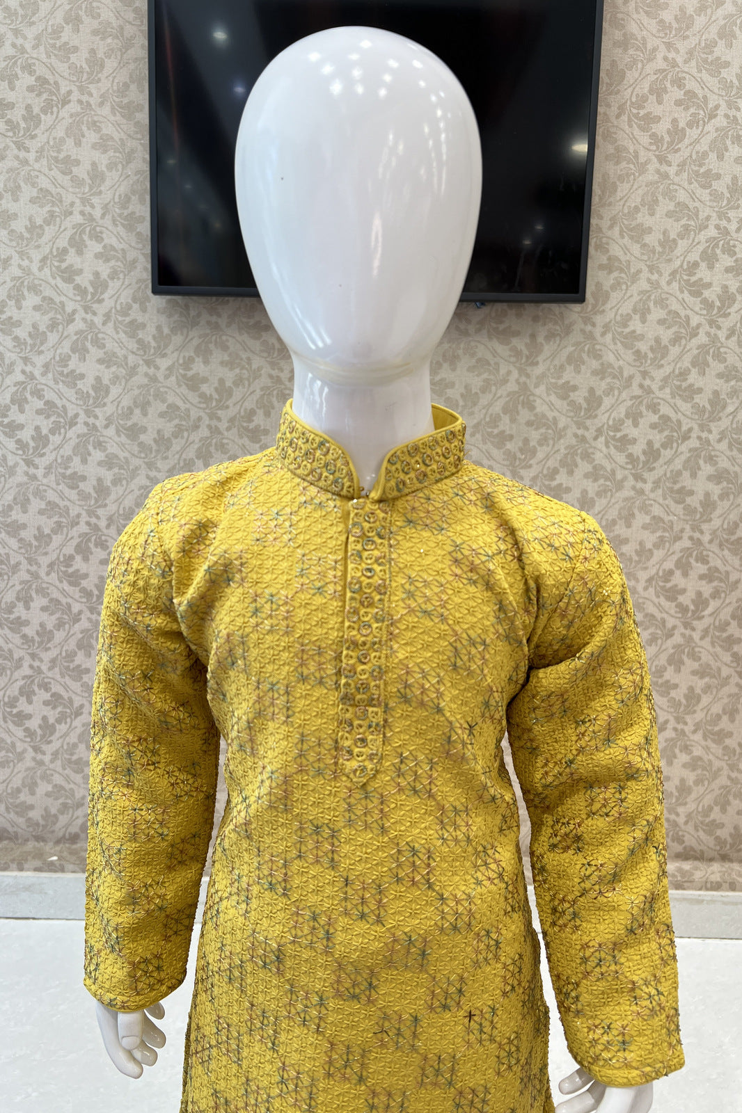 Yellow with White Lucknowi Thread work Kurta Set for Boys