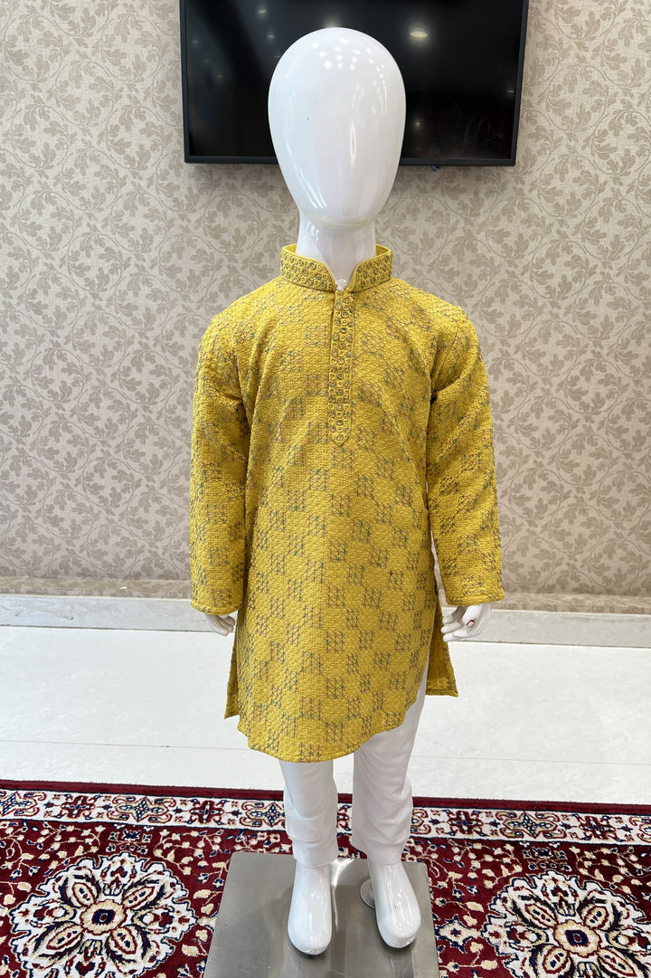 Yellow with White Lucknowi Thread work Kurta Set for Boys