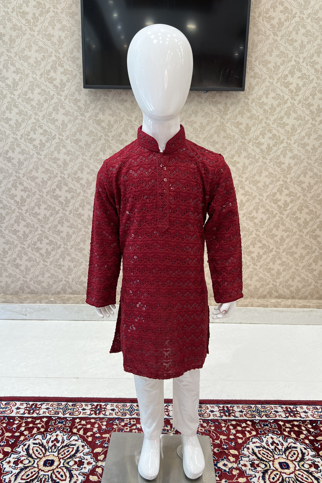 Maroon with White Lucknowi Thread and Sequins work Kurta Set for Boys